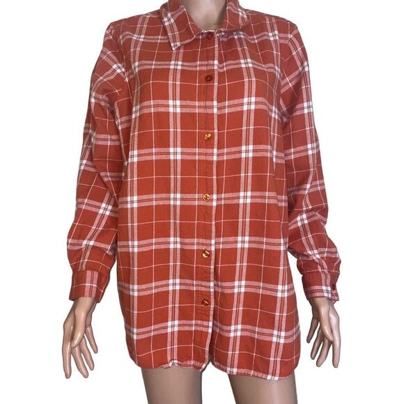 BLAIR brand Fall Burnt Orange plaid flannel button up collared SZ L 100% cotton - Picture 3 of 9